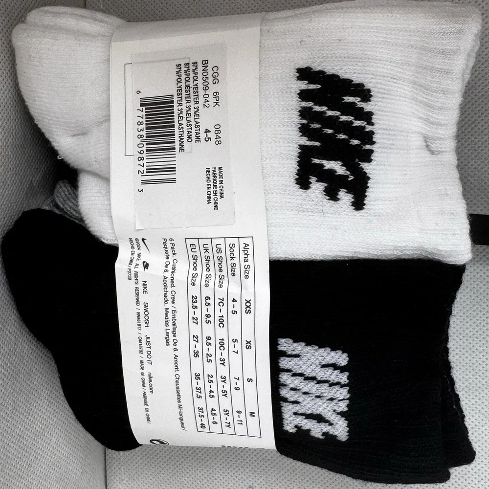Nike Kids Crew Socks 6 Pairs Cushioned White Black Grey XXS 7C-10C BN0509-042